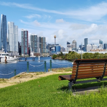 City Views, Ewenton Park, Balmain, with a bench facing the cityscape of notably Barangaroo and Centrepoint over water