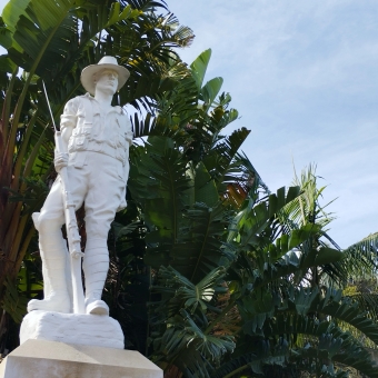 Fallen Soldiers, Harold Park, Forest Lodge, with a white statue representing all fallen soldiers standing against green palms which themselves are against a baby-blue sky