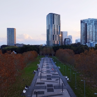 Muted Skyline, Bicentennial Park, Olympic Park, with skyscrapers in the distance against a pastel sunset, with a wide and patterned path leading into the distance which is lined with autumnal trees