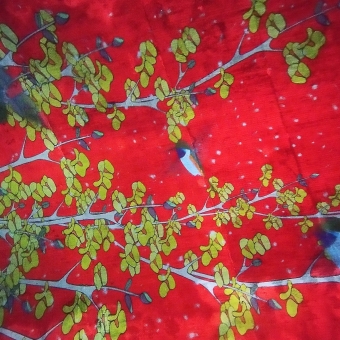 Projection of Nectar, Argyle Cut, with a projection of a flowering tree with three hummingbirds sucking nectar from different flowers, with a red background