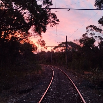 Setting Over The Tracks, Rawson Parade Trail, Loftus, with a glowing red sun betwixt trees and reflected by the singular train track in the centre of the picture