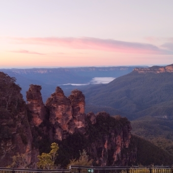 Red Morning, Echo Point, Katoomba, with the Three Sisters and sky basked in streaks of red