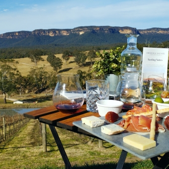 A Taste For All Senses, Dryridge Estate, Megalong Valley, with wine glasses and a full charcuterie board in front of a valley across from a mountain range which has bare cliffs