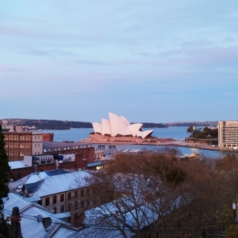 Flying Kites, Spring Drone Show, Darling Harbour, with drones making dots of light making the outlines of four coloured kites which are reflected in the water below